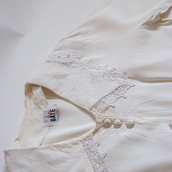 80s cream oversized collar blouse m medium / long sleeve lace blouse / lace bib - Picture 6 of 7